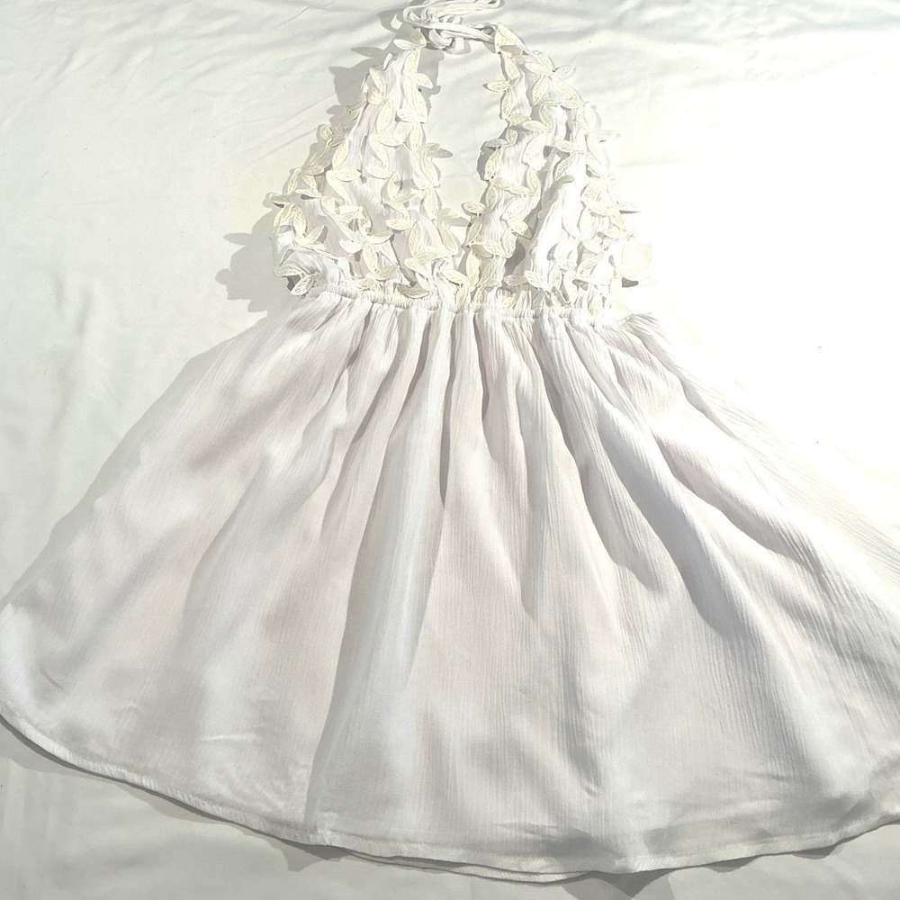 Solaris Style White Halter Mini Dress Leaf Applique Boho Summer Beach Small